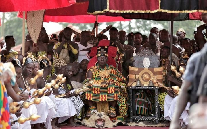 Historical/archival image or artistic reconstruction of an Asante royal ceremony.