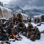 The Donner Party pioneers trapped in the snowy Sierra Nevada mountains during the winter of 1846, struggling to survive freezing temperatures and food shortages.