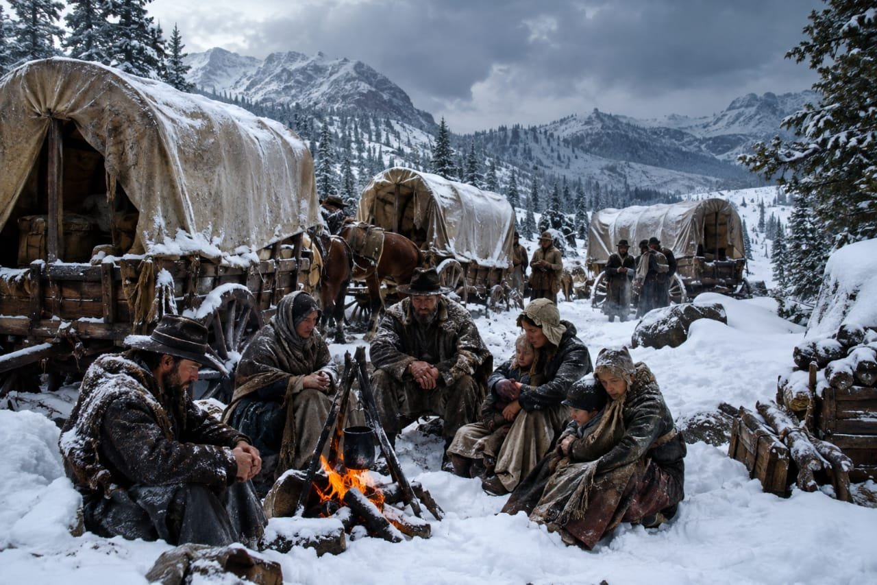 The Donner Party pioneers trapped in the snowy Sierra Nevada mountains during the winter of 1846, struggling to survive freezing temperatures and food shortages.