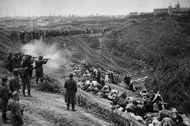 Babi Yar Massacre of 1941, depicting Nazi German soldiers and Jewish civilians at the site of the mass killings near Kyiv.
