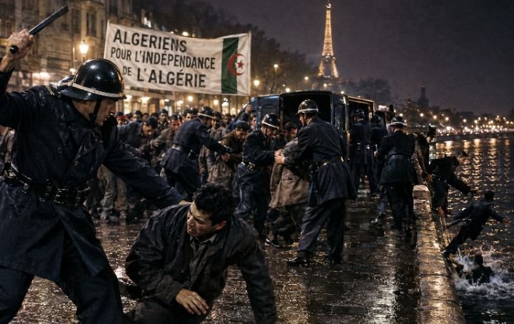 Paris Massacre of 1961, showing French police confronting Algerian protesters during the October 17 massacre in Paris, France.